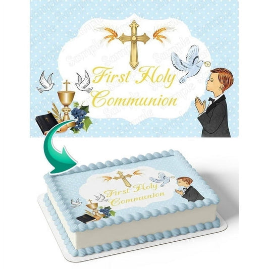 First Holy Communion Boy Edible Icing Image Cake Topper, by Tnct.