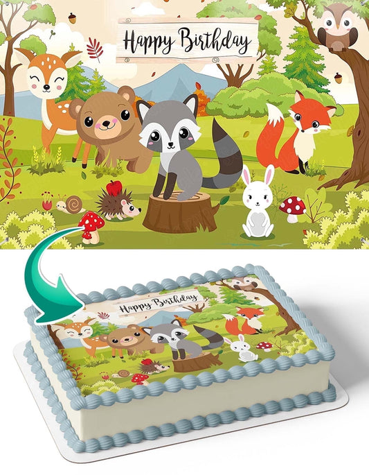 Forest Animal Fox Bear Rabbit Deer Wild Life Kids Edible Image Icing Cake Topper for Quarter Sheet Cake, by TNCT