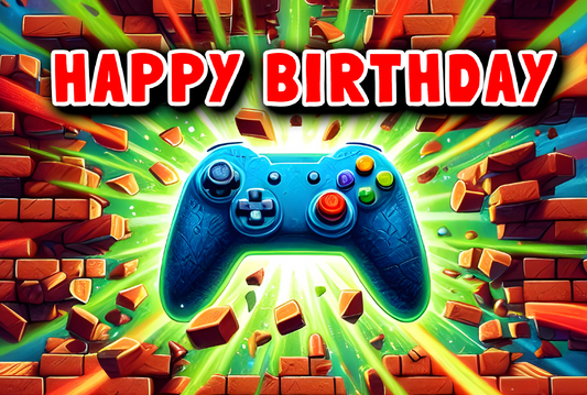 Gamer Happy Birthday Controller Smashing through Brick Wall Edible Image Cake Topper for Quarter Sheet Cake, by Tnct. (1 Count)