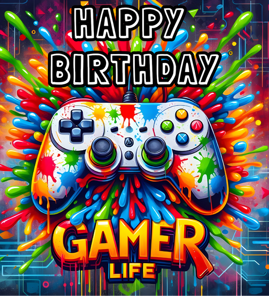 Gamer Life Happy Birthday Bright & Fun Controller Splash Paint Edible Image Cake Topper for Quarter Sheet Cake, by Tnct. (1 Count)