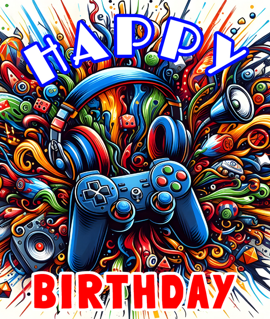 Gamer Happy Birthday Colorful Controller & Headphones Edible Image Cake Topper for Quarter Sheet Cake, by Tnct. (1 Count)
