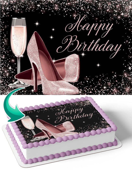 Glitter Gold High Heel Shoes Girl Edible Image Icing Cake Topper for Quarter Sheet Cake, by Tnct.