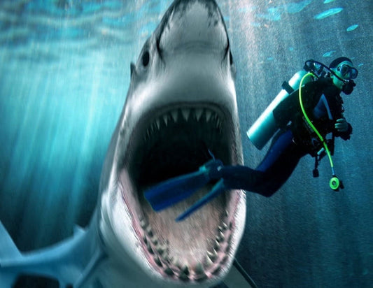 Great White Shark Mouth Open Teeth Attacking Scuba Diver Edible Cake Topper Image ABPID00170V2