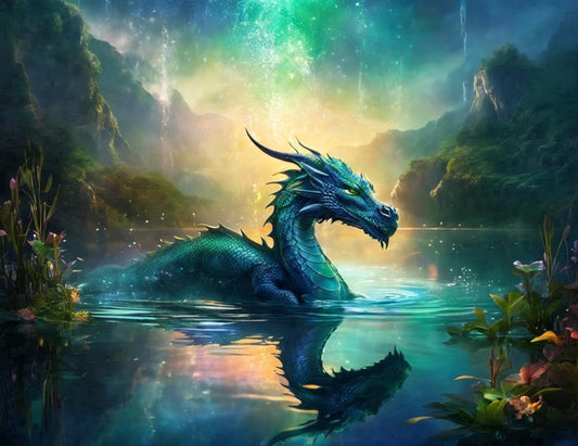 Green Dragon with Green Sky in Water Birthday Edible Icing Image Cake Topper, by TNCT