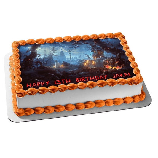 Halloween Pumpkin Trees Haunted House Edible Cake Topper Image ABPID03393