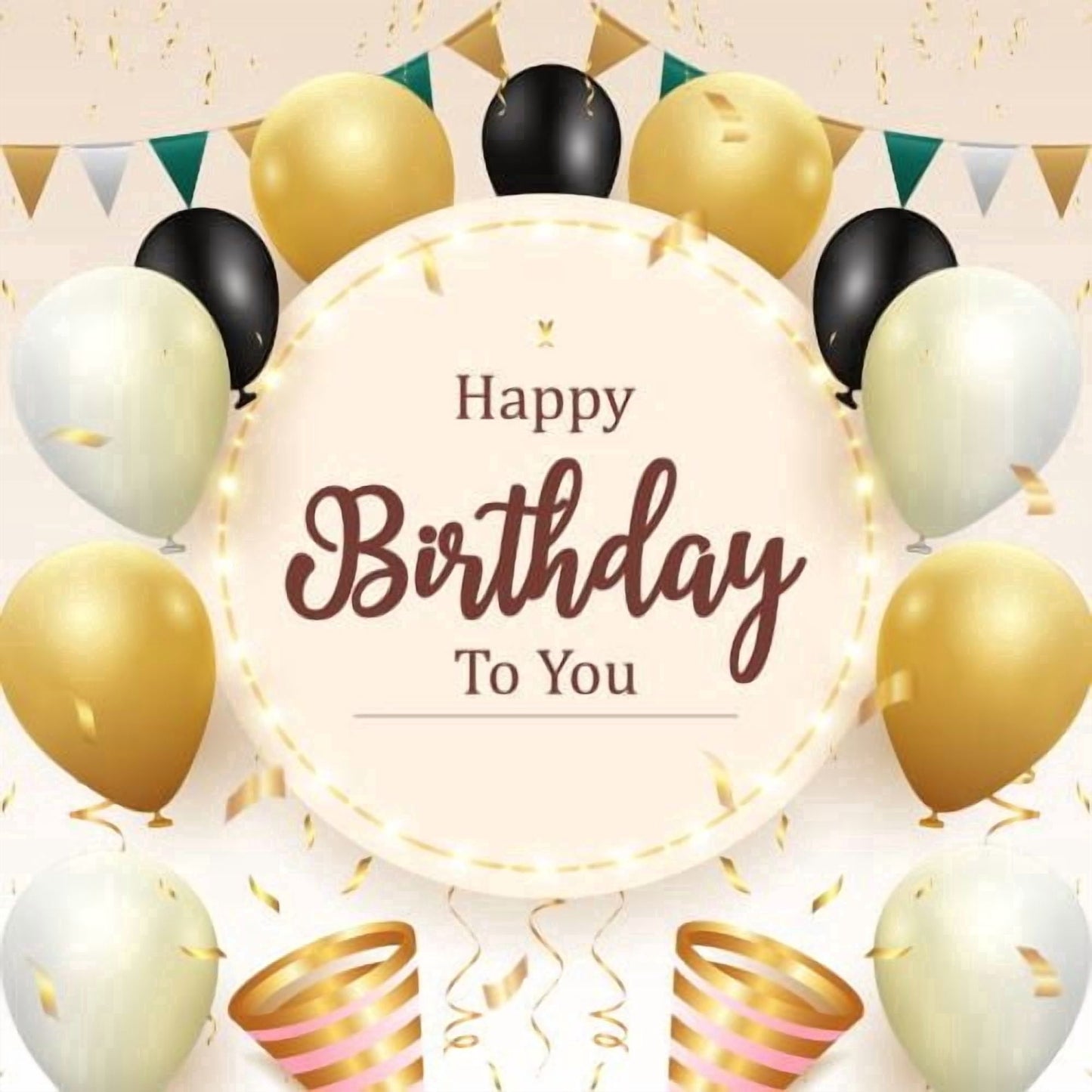 Happy Birthday to you with Balloons & Confetti Gold, Brown, White Edible Icing Image Cake Topper, by Tnct.