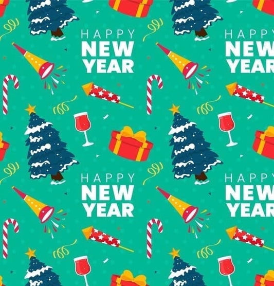 Happy New Year Hats, Fireworks, Presents, Christmas Tree Pattern Edible Icing Image Cake Topper, by Tnct.
