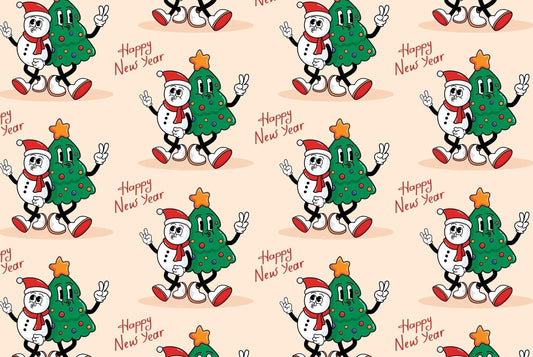 Happy New Year Snowman & Christmas Tree Celebration Pattern Edible Icing Image Cake Topper, by Tnct.