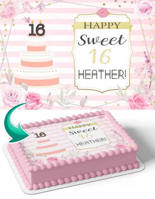 Happy Sweet 16 Birthday Edible Image Icing Cake Topper for Quarter Sheet Cake, by TNCT
