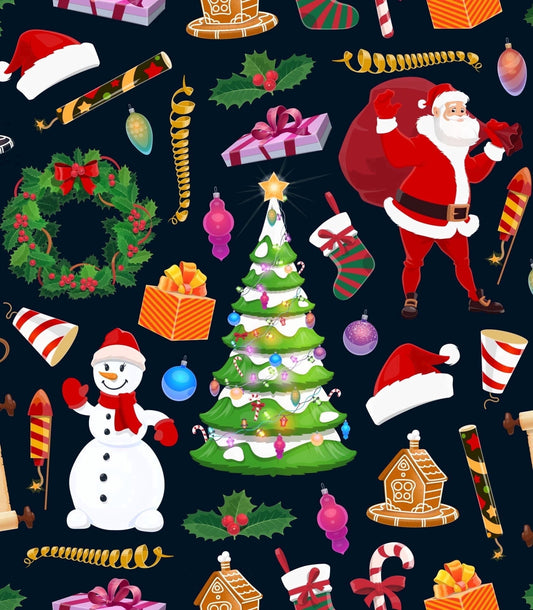 Holiday Christmas Stocking, Tree, Ornament, Presents, Snowman, Santa Pattern Edible Icing Image Cake Topper, by TNCT