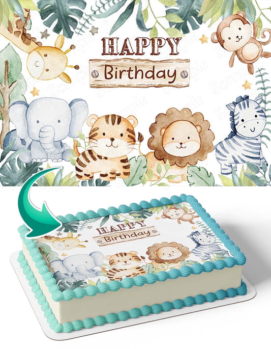Jungle Safari Animals Edible Image Icing Cake Topper for Quarter Sheet Cake, by TNCT