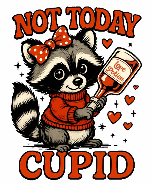 Love and Valentines Theme Raccoon Holding Love Potion Bottle Not Today Cupid Photo Edible Image Cake Topper, by TNCT