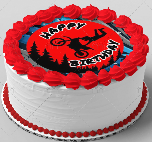 7.5" Round Pre-Cut Colorful Dirtbike Motocross Happy Birthday with Legs in Air Edible Image Cake Topper, by Tnct. (1 Count)