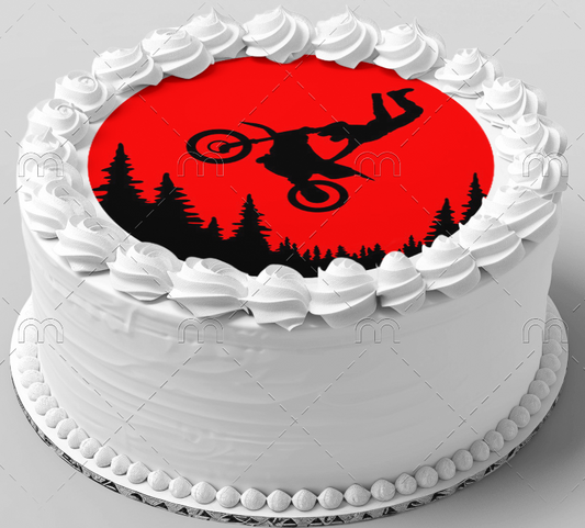 9.5" Round Pre-Cut Colorful Dirtbike Motocross Birthday with Legs in Air Edible Image Cake Topper, by Tnct. (1 Count)