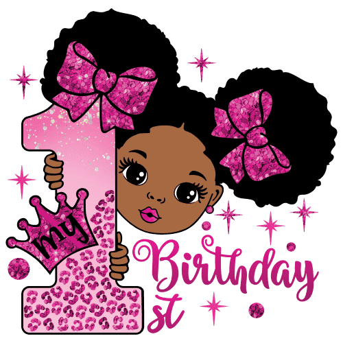 My 1st Birthday African American Cartoon Girl with Sparkly Pink Bows & Crown Edible Icing Image Cake Topper, by Tnct.