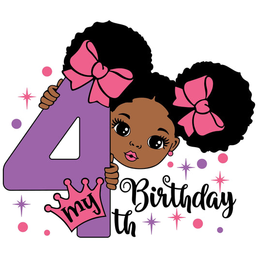 My 4th Birthday African American Cartoon Girl Peeking around Purple #4 with Crown & Bows Edible Icing Image Cake Topper, by Tnct.