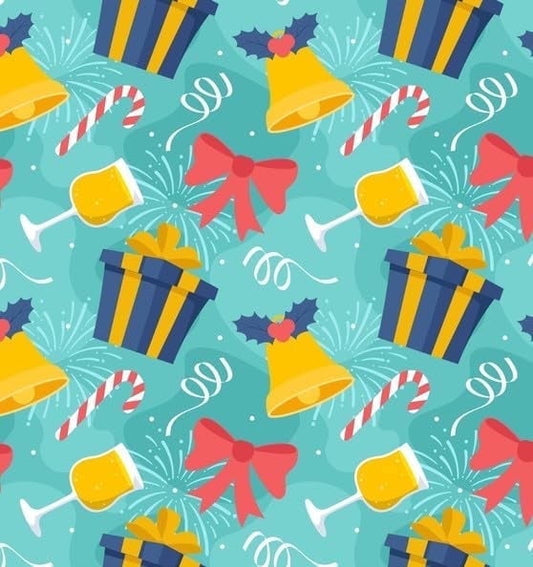 New Year Celebration Bells, Presents, Glasses & Confetti Pattern Edible Icing Image Cake Topper, by Tnct.