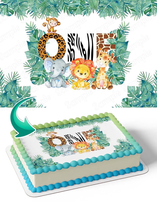 One Year Jungle Safari Animals Wild Edible Image Icing Cake Topper for Quarter Sheet Cake, by TNCT