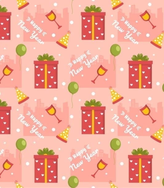Peachy Happy New Year Celebration Presents, Hats & Balloons Pattern Edible Icing Image Cake Topper, by Tnct.