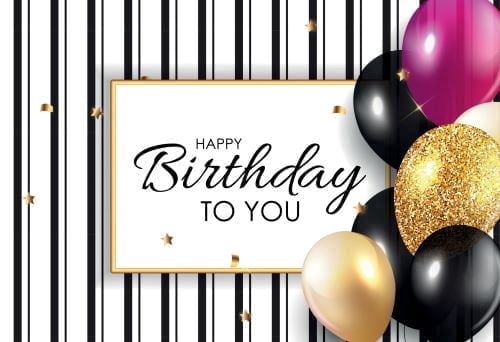 Pink, Black, & Gold Happy Birthday to you Design with Balloons, Stripes & Confetti Edible Icing Image Cake Topper, by Tnct.