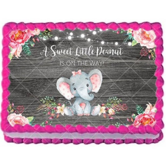 Pink Elephant Sweet Peanut on the Way Baby Shower Edible Image Cake, Cupcake & Cookie Topper, by Tnct.