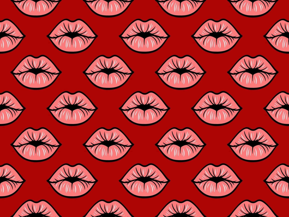 Pink Kissy Lips with Red Background Pattern Edible Icing Image Cake Topper, by Tnct.