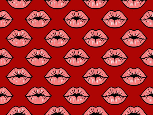 Pink Kissy Lips with Red Background Pattern Edible Icing Image Cake Topper, by Tnct.