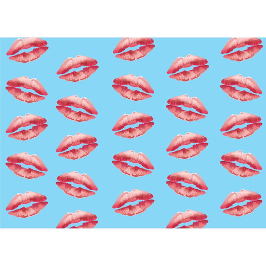 Pink Realistic Kissy Lip Pattern with Blue Background Edible Icing Image Cake Topper, by Tnct.