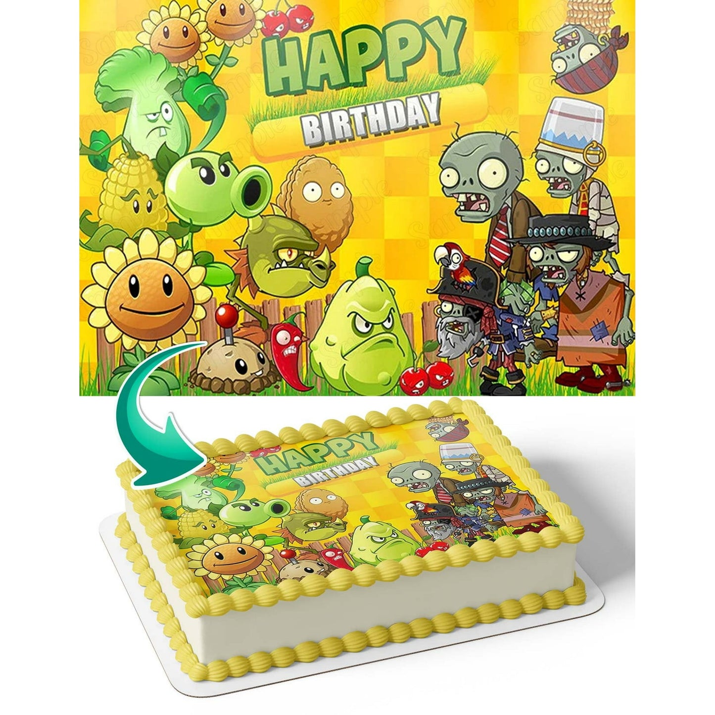 Plants Vs Zombies Yellow Happy Birthday Edible Image Cake Topper For Half Sheet Cake By TNCT