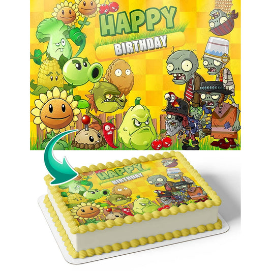 Plants Vs Zombies Yellow Happy Birthday Edible Image Cake Topper For Half Sheet Cake By TNCT