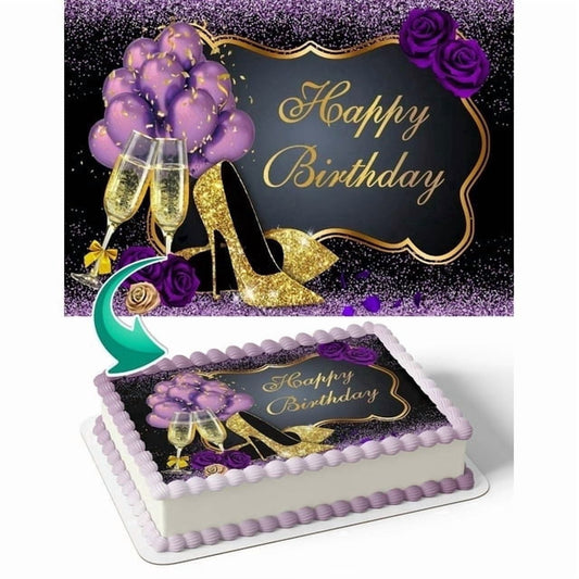 Purple and Gold Champagne, High Heels Happy Birthday Edible Image Cake Topper For Quarter Sheet Cake By TNCT