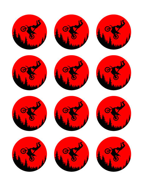 2" Pre-Cut Round Dirtbike/Motocross Rider Doing Handstand Driving Silhouette Edible Image Cupake Toppers, by Tnct. (1 Count)