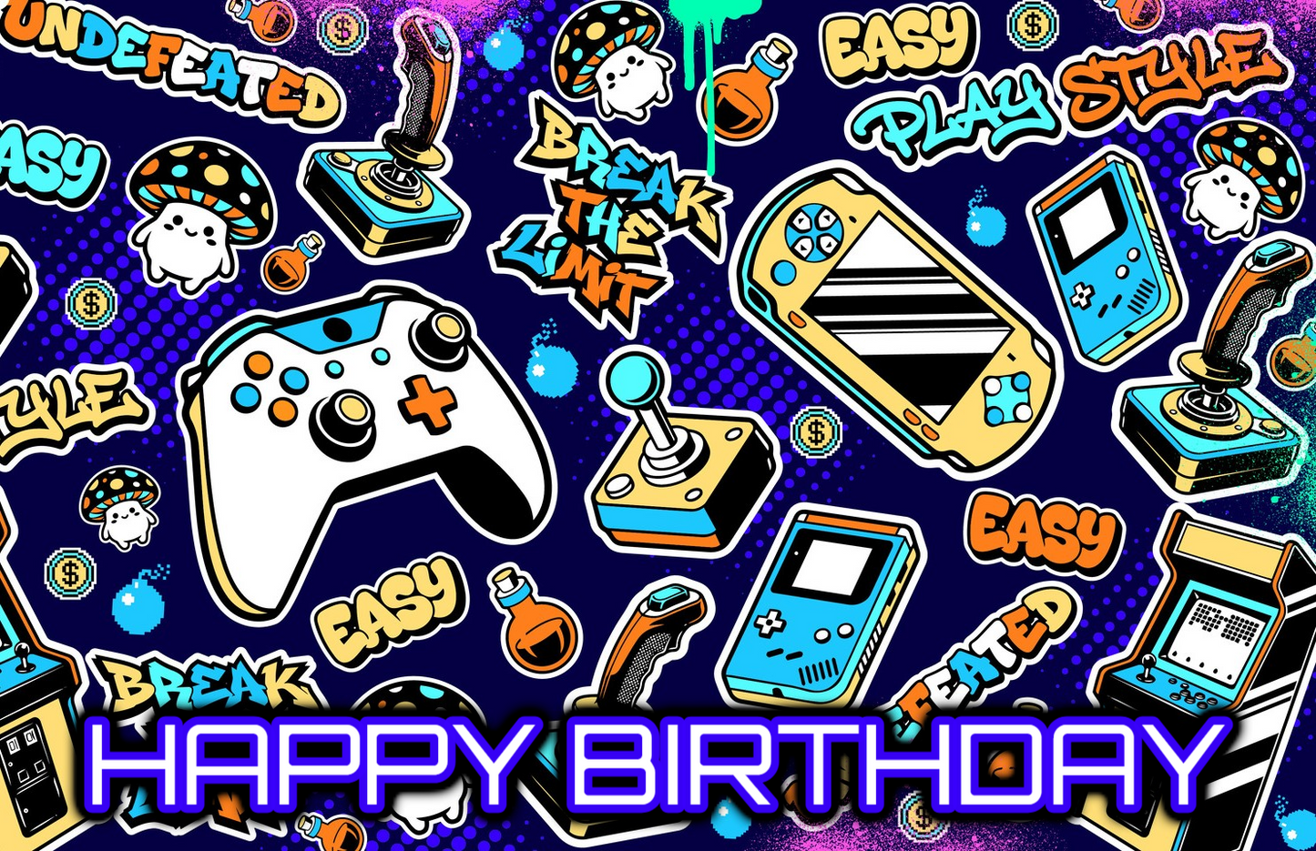 Retro Undefeated Gamer Happy Birthday with Controllers, Joysticks & Arcade Game Theme Edible Image Cake Topper for Half Sheet Cake, by Tnct. (1 Count)