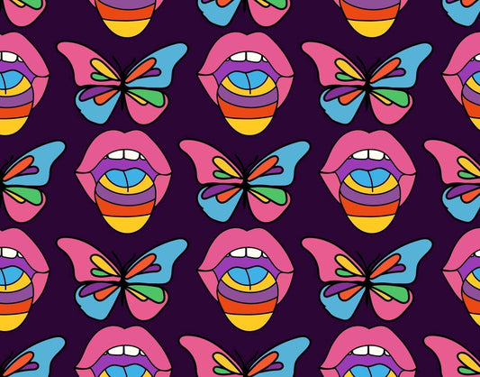 Rainbow Colored Butterflies & Lips Pattern on Purple Background Edible Icing Image Cake Topper, by Tnct.