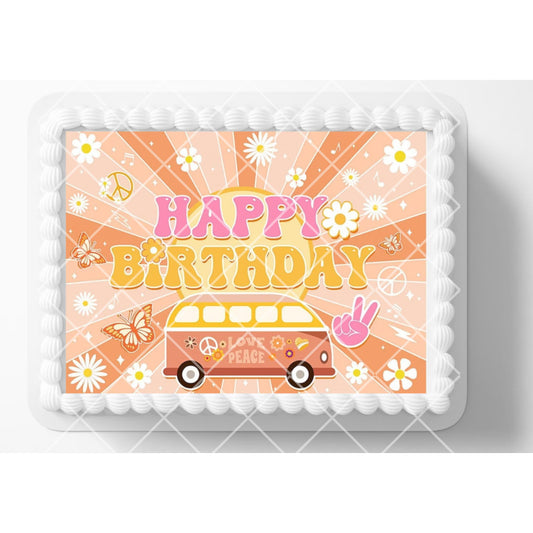 Retro Peace Hippie Groovy Birthday Edible Image Cake, Cupcake & Cookie Topper, by Tnct.