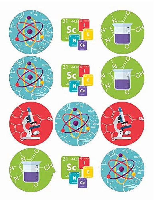 Science Collection Themed Pre-cut Edible Icing Image Cupcake Toppers, by Tnct