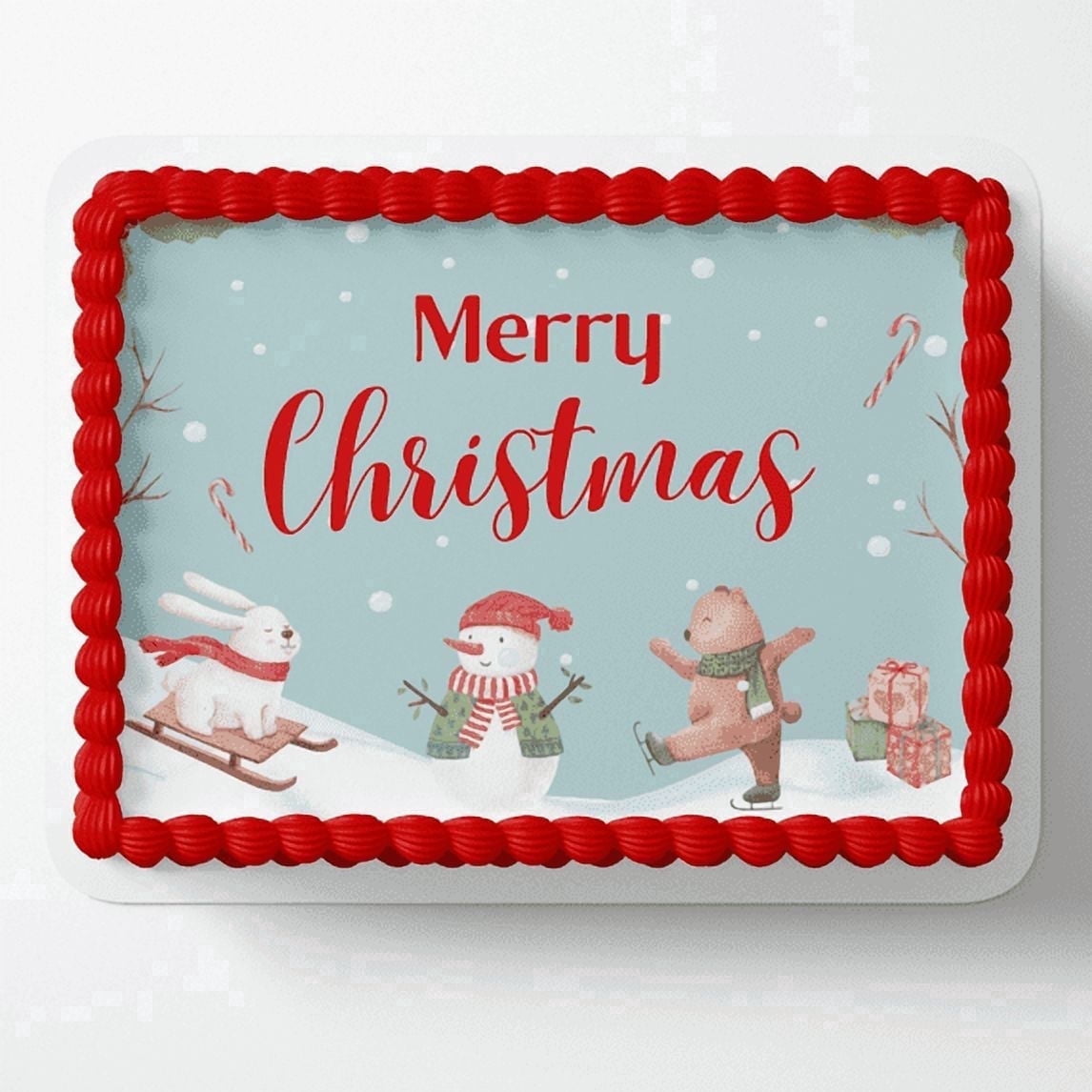 Snowy Merry Christmas Snowman Rabbit Teddy Bear & Presents Edible Icing Image Cake Topper, by Tnct.