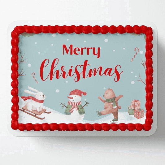 Snowy Merry Christmas Snowman Rabbit Teddy Bear & Presents Edible Icing Image Cake Topper, by Tnct.