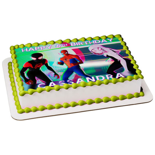 Spider-Man Across the Spider-Verse Battle Ready Halftone Pop Miles Morales Spider-Gwen Happy Birthday Edible Image Cake Topper For Half Sheet Cake By TNCT