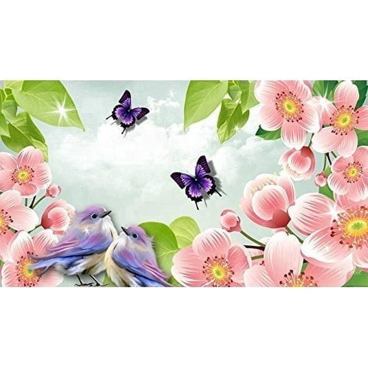 Spring Time Flowers, Birds & Butterflies Birthday Edible Icing Image Cake Topper, by Tnct.