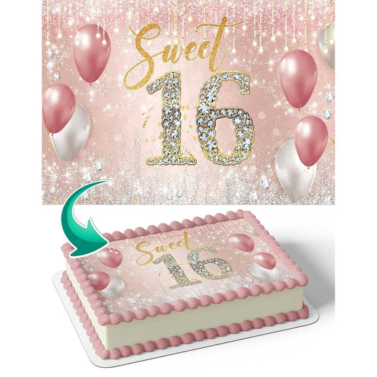 Sweet 16 Gold Rose Birthday Edible Icing Image Cake Topper, by Tnct.