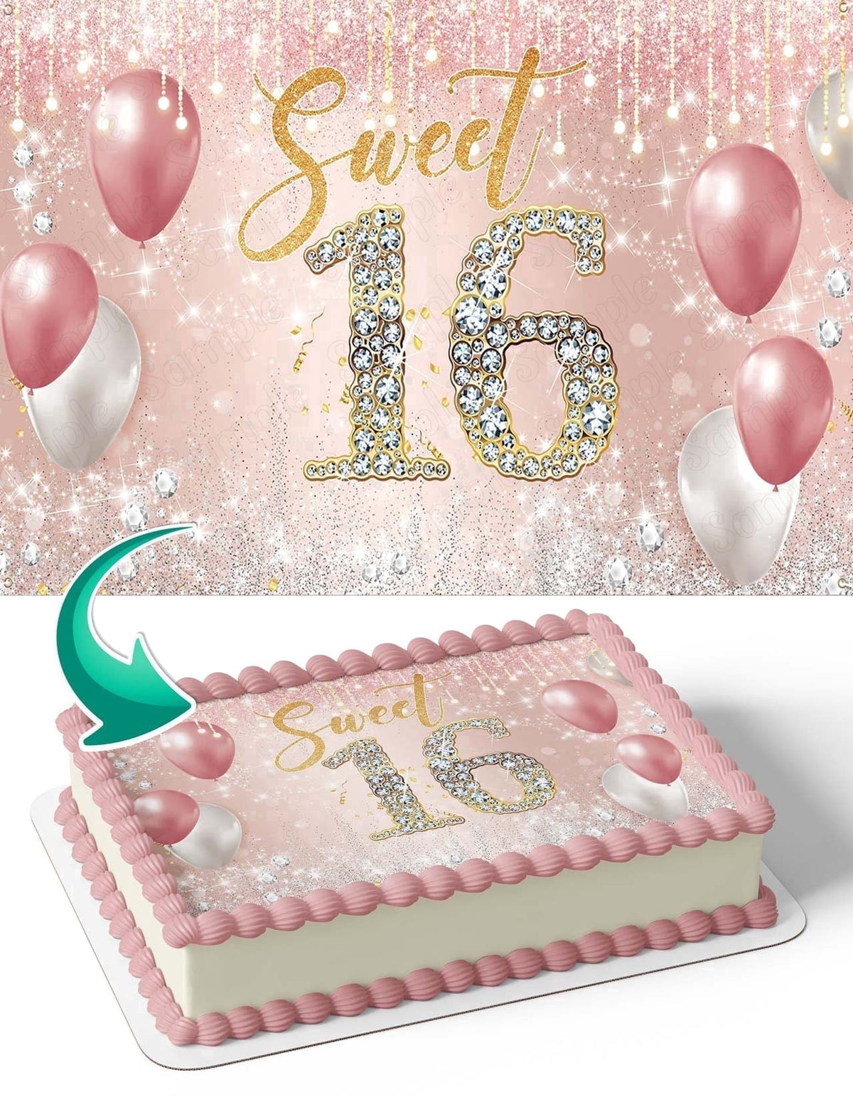 Sweet 16 Gold Rose Edible Image Icing Cake Topper for Quarter Sheet Cake, by Tnct.