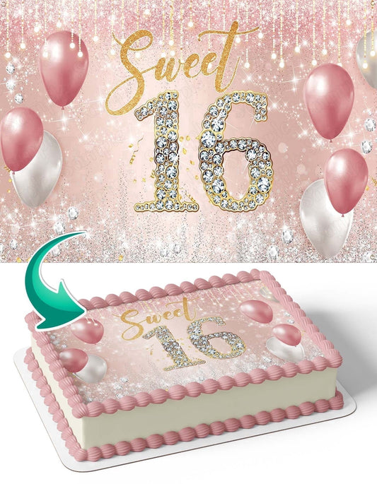 Sweet 16 Gold Rose Edible Image Icing Cake Topper for Quarter Sheet Cake, by Tnct.