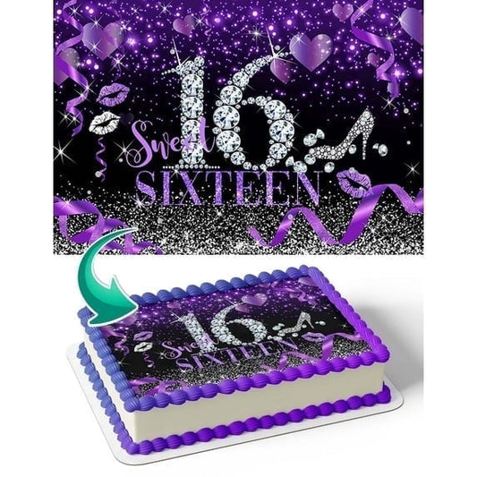 Sweet 16 Purple Glitter Party Happy Birthday Edible Icing Image Cake Topper, by Tnct.