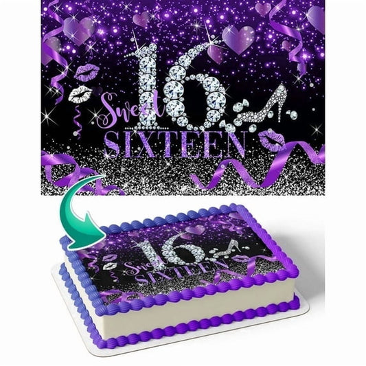 Sweet 16 Purple Glitter Party Happy Birthday Edible Icing Image Cake Topper, by TNCT