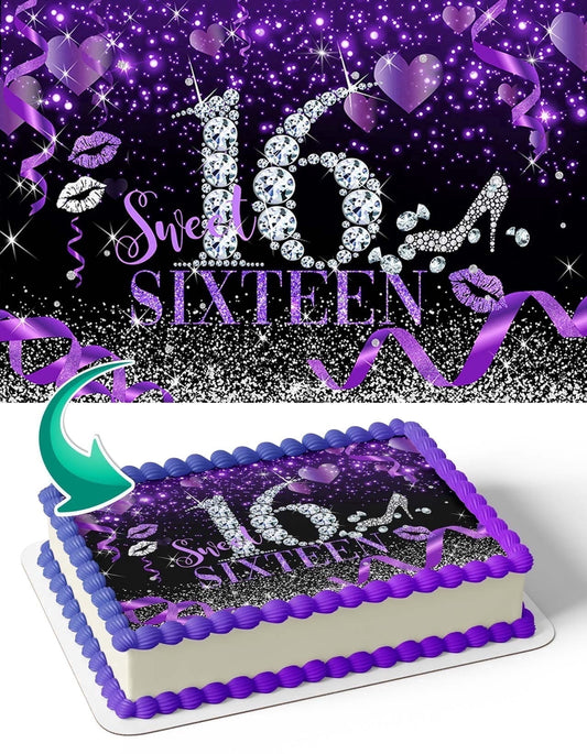 Sweet 16 Purple Party Edible Image Icing Cake Topper for Quarter Sheet Cake, by TNCT