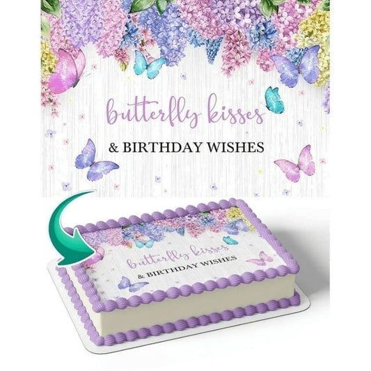 Butterfly Kisses & Birthday Wishes Purple Edible Icing Image Cake Topper for Half Sheet Cake, by Tnct.