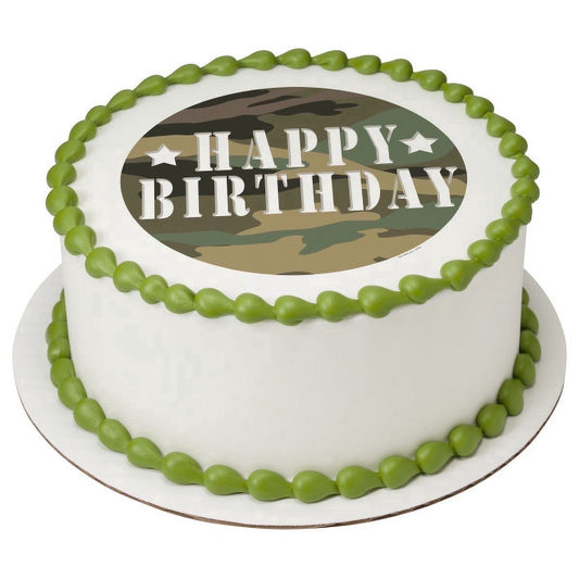 Camouflage Happy Birthday Edible Icing Image Cake Topper, by Tnct.