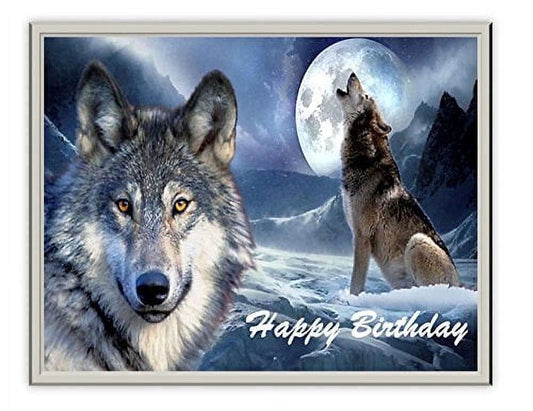 Grey Wolf Howling at Moon Edible Image Icing Cake Topper for Quarter Sheet Cake, by TNCT
