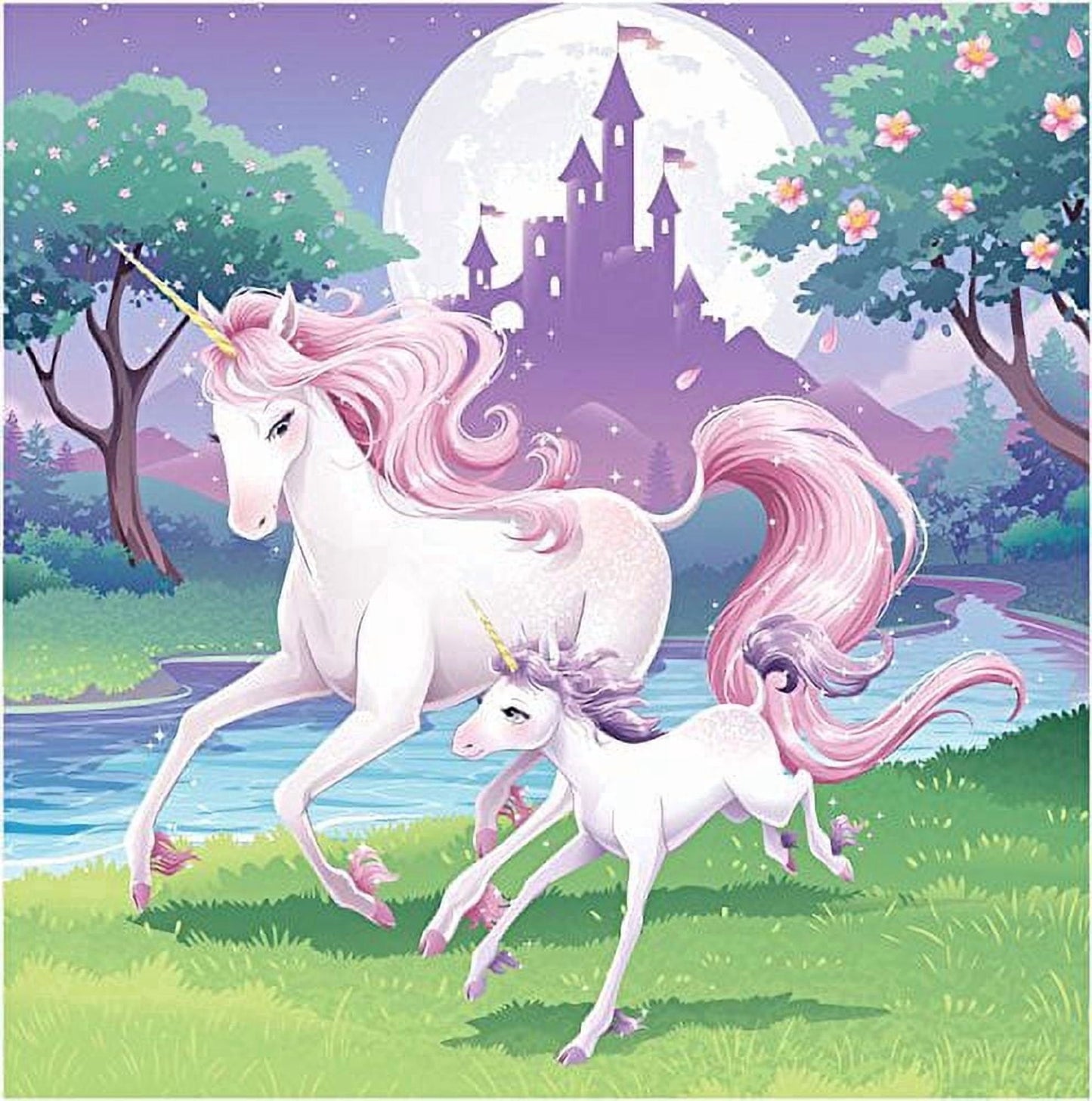 Unicorn with Colt and Castle Edible Image Icing Cake Topper for Quarter Sheet Cake, by TNCT